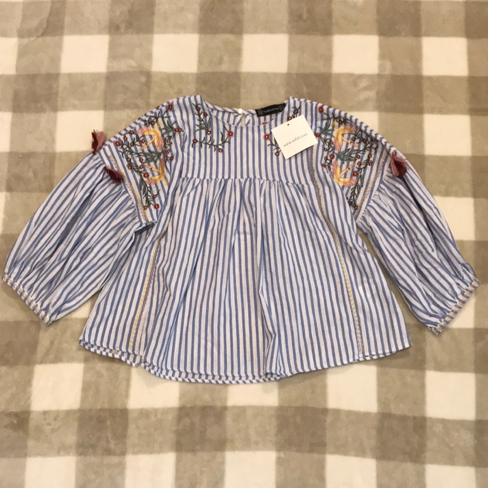 NWT Zaful Striped Bishop 3/4 Sleeve Tassel Blouse